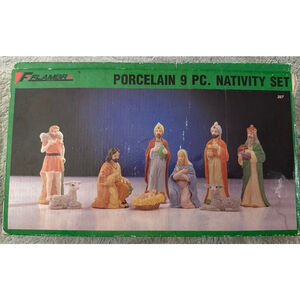 Vintage Flambro Porcelain Nativity Set 1990 Mary Joseph Baby Jesus Lambs Horse
